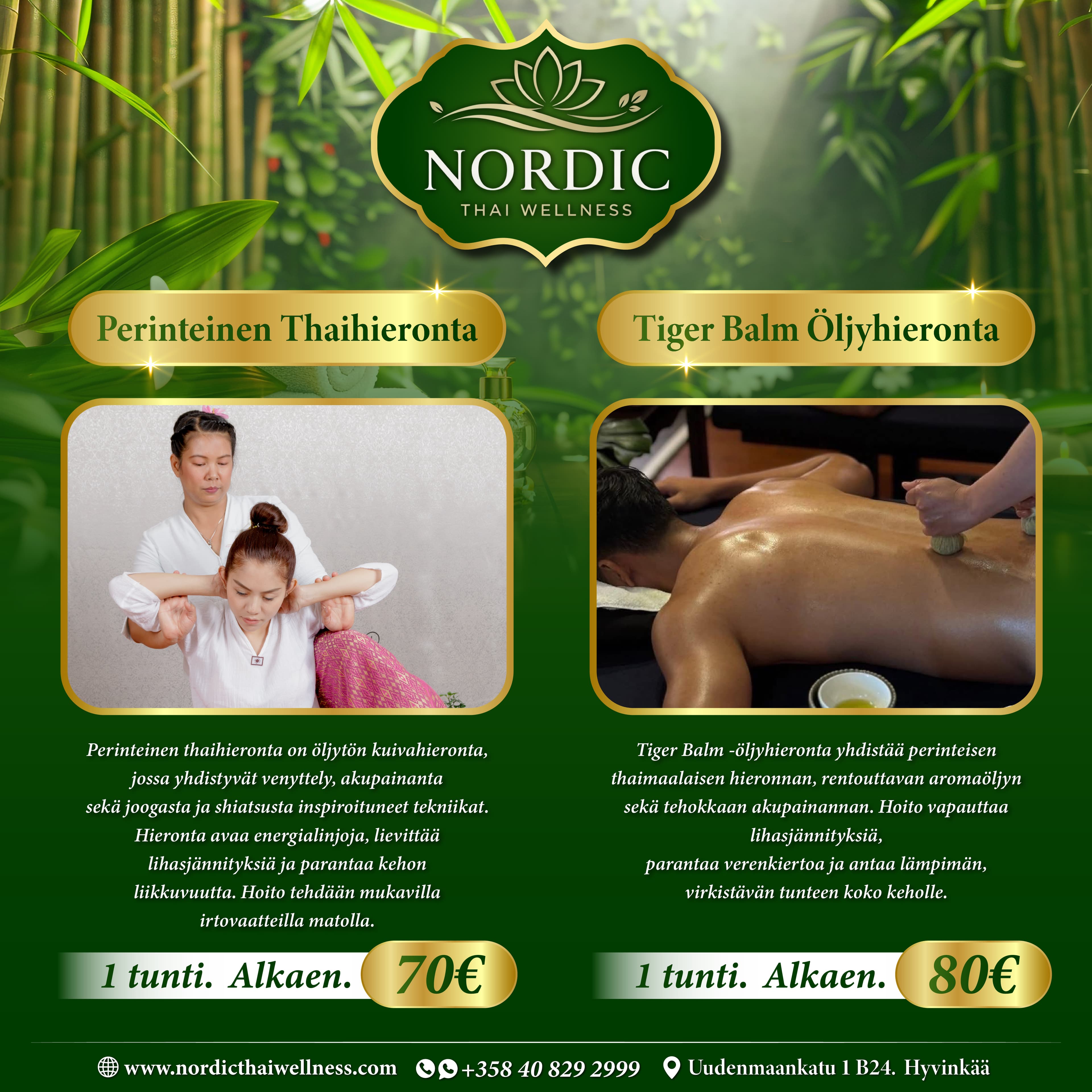 Perinteinen Thaihieronta ja Tiger Balm Öljyhieronta – hinnasto ja kuvaus